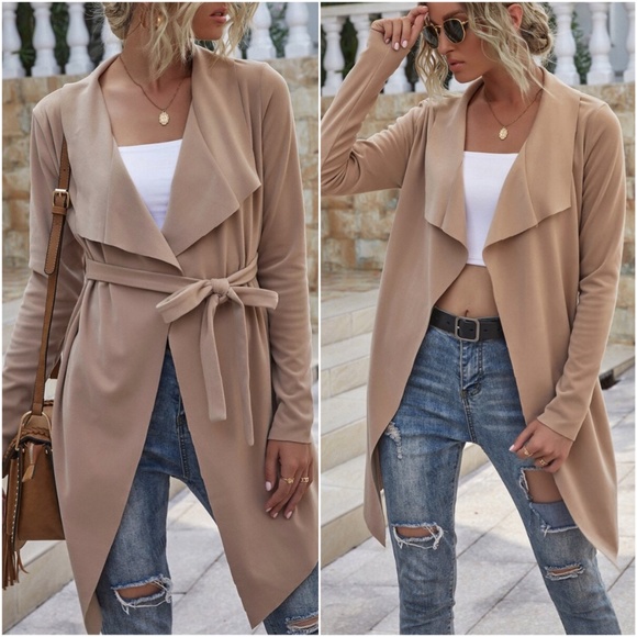 Jackets & Blazers - khaki vegan suede waterfall belted jacket trench